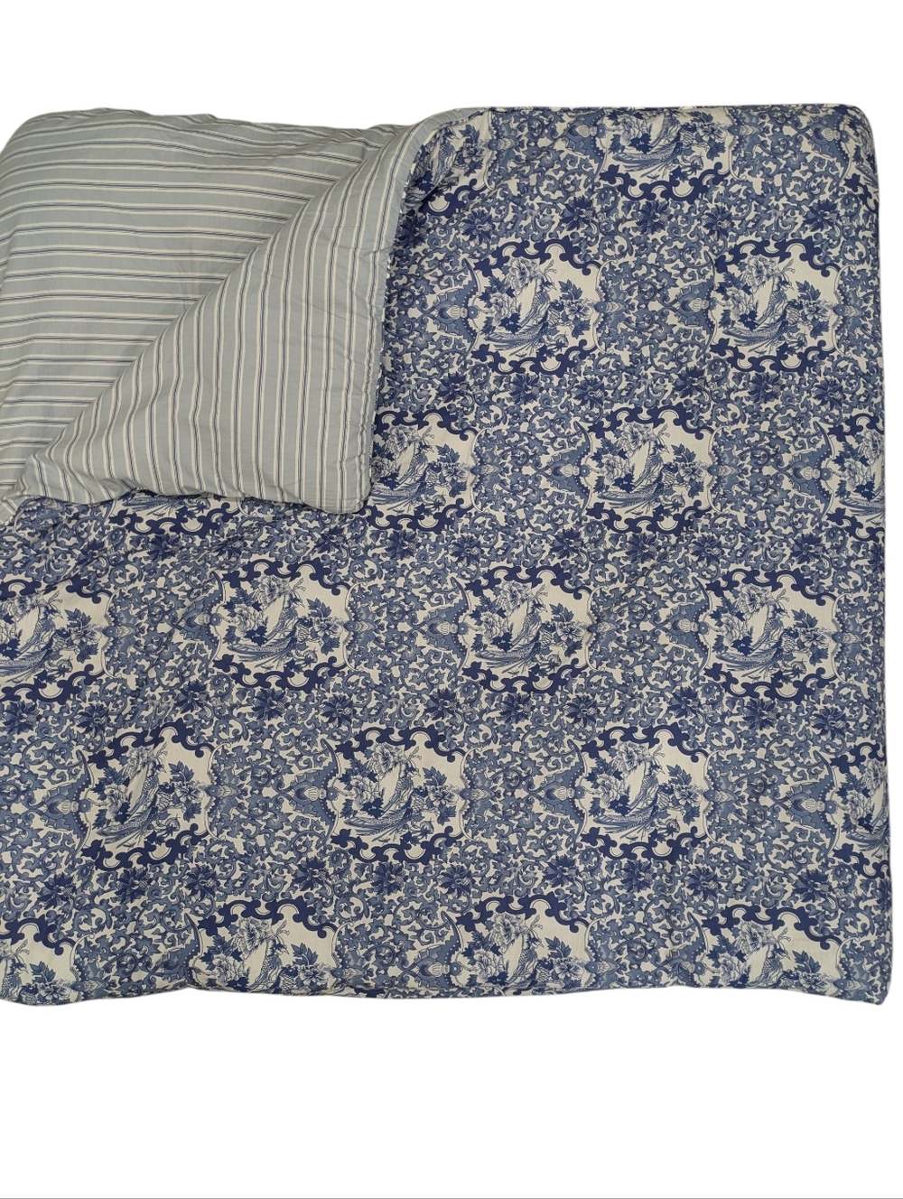 Ralph Lauren Tamarind Full Queen Comforter Bird Reverse Blue White Stripe Cotton